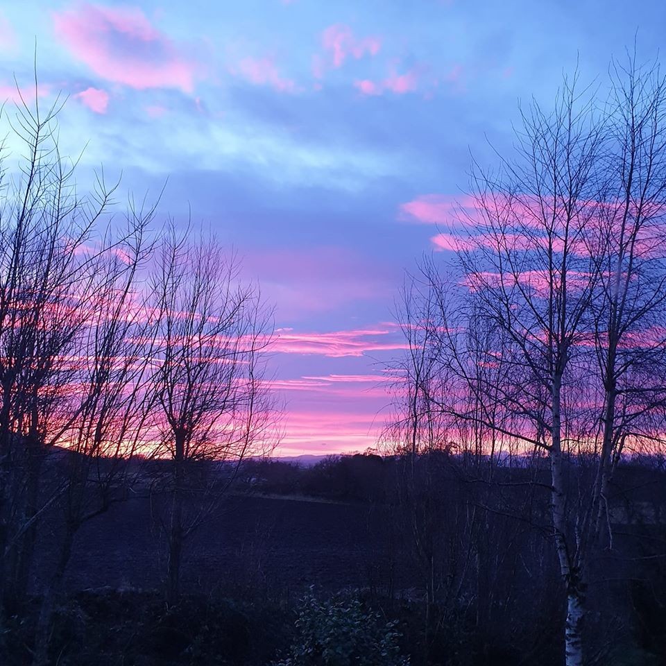 Beautiful violet, blue and orange sky over Perthshire with trees framing the gorgeous view.